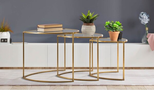 Tavolini rotondi in set di 3 con piano in vetro in oro ø 60 cm Triangle - Mauro Ferretti