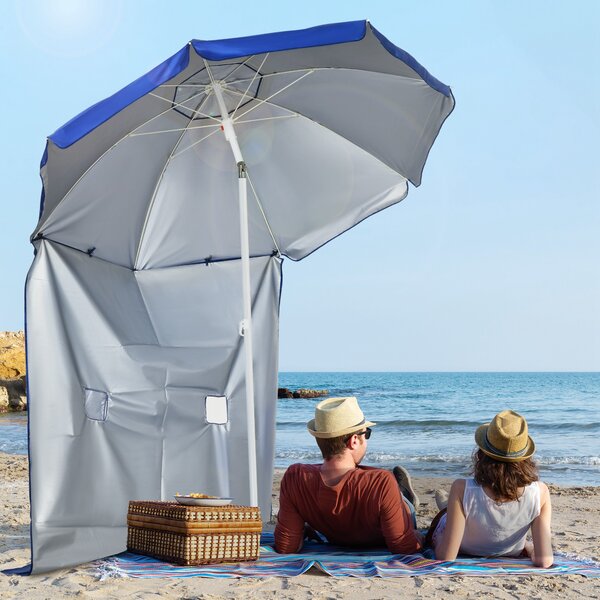 Outsunny Ombrellone da Spiaggia Inclinabile con Tendine Laterali, in Poliestere e Acciaio, Ø191x211 cm, Blu e Bianco