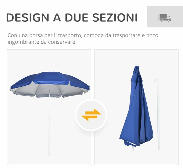 Outsunny Ombrellone da Spiaggia Inclinabile con Tendine Laterali, in Poliestere e Acciaio, Ø191x211 cm, Blu e Bianco