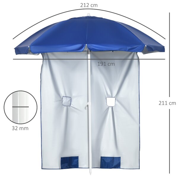 Outsunny Ombrellone da Spiaggia Inclinabile con Tendine Laterali, in Poliestere e Acciaio, Ø191x211 cm, Blu e Bianco
