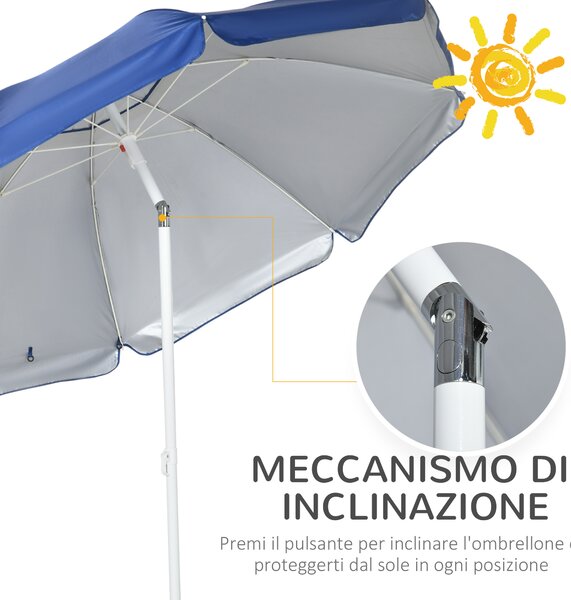 Outsunny Ombrellone da Spiaggia Inclinabile con Tendine Laterali, in Poliestere e Acciaio, Ø191x211 cm, Blu e Bianco