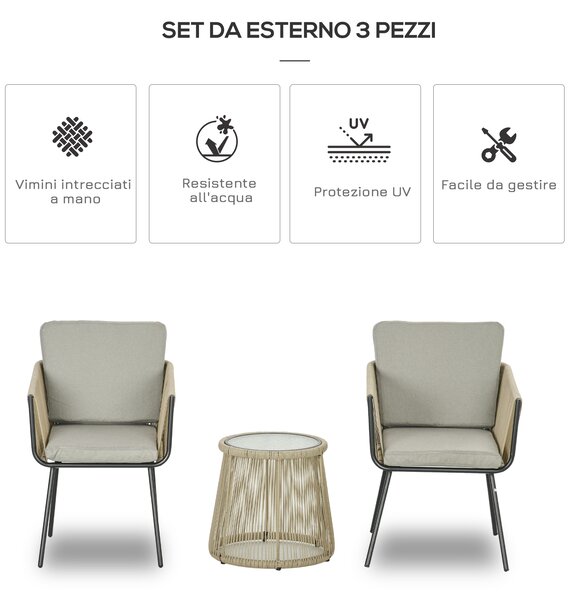 Outsunny Set da Esterno con Tavolino in Vetro e 2 Sedie da Giardino in Rattan Stile Boho, Caffè