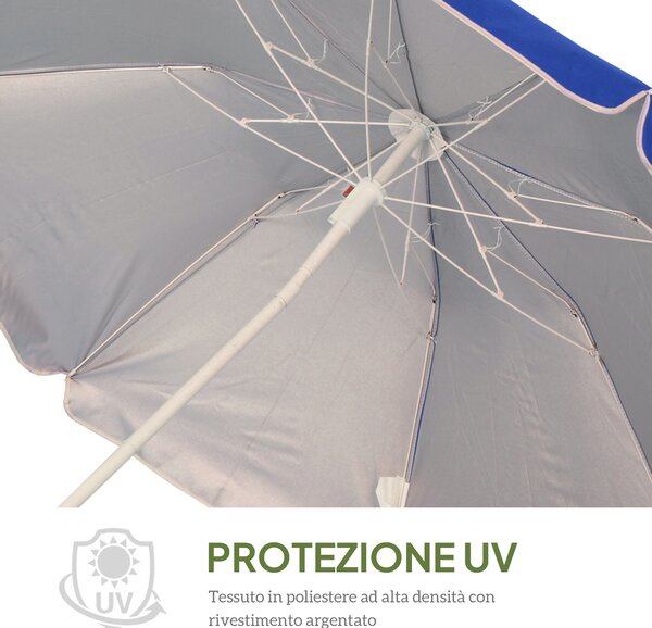 Outsunny Ombrellone da Spiaggia Inclinabile con Fodera Riflettente, in Acciaio e Poliestere, Ø1.7x2.05 m, Blu