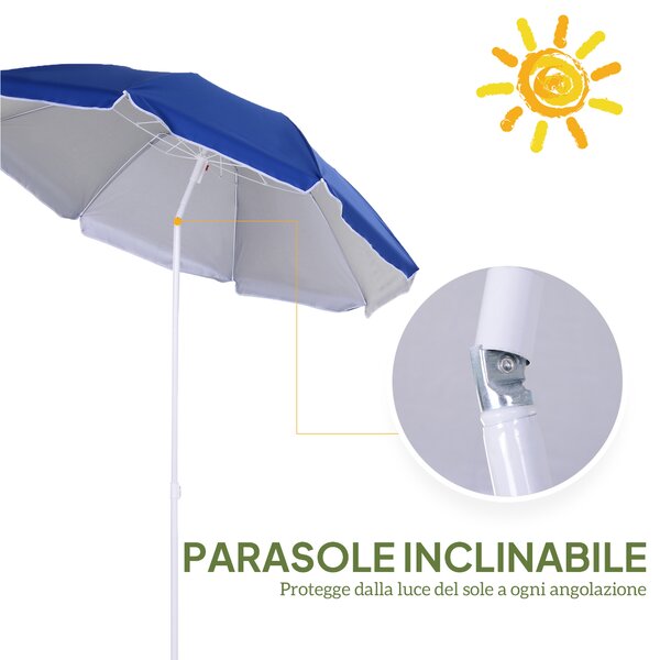 Outsunny Ombrellone da Spiaggia Inclinabile con Fodera Riflettente, in Acciaio e Poliestere, Ø1.7x2.05 m, Blu