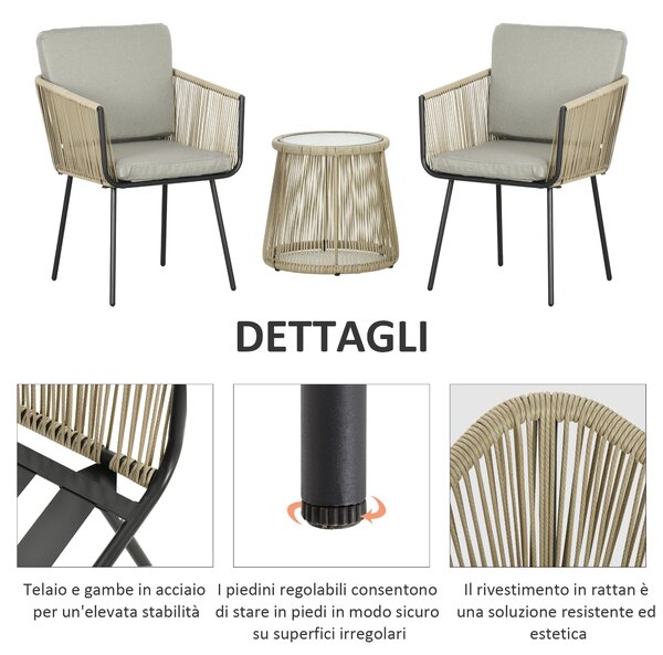 Outsunny Set da Esterno con Tavolino in Vetro e 2 Sedie da Giardino in Rattan Stile Boho, Caffè