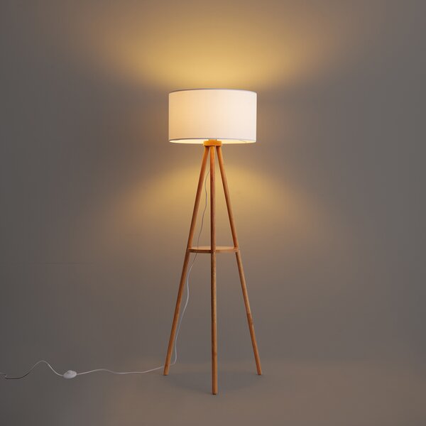 Lampada da terra scandinava in legno con paralume in tessuto bianco - Lou