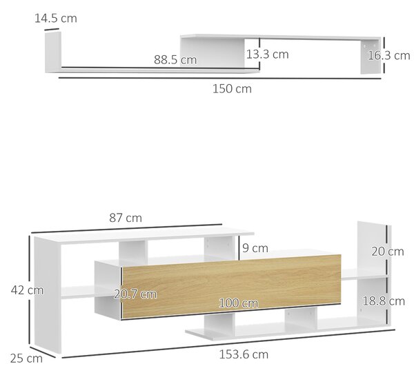 HOMCOM Mobile TV Moderno con Mensola a Muro e Ripiani Aperti in Legno Bianco e Naturale per Soggiorno Elegante e Funzionale |Aosom