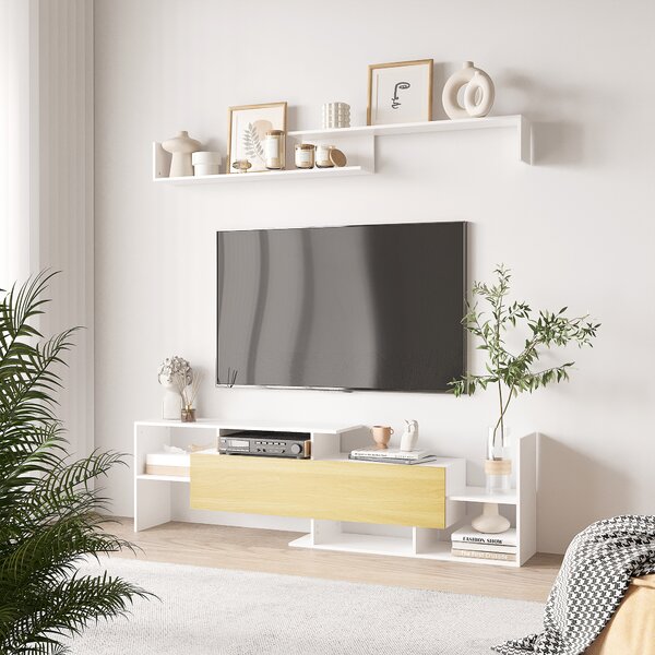 HOMCOM Mobile TV Moderno con Mensola a Muro e Ripiani Aperti in Legno Bianco e Naturale per Soggiorno Elegante e Funzionale |Aosom