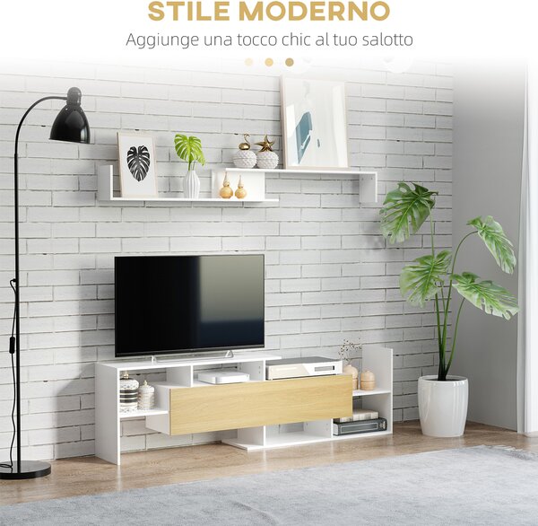 HOMCOM Mobile TV Moderno con Mensola a Muro e Ripiani Aperti in Legno Bianco e Naturale per Soggiorno Elegante e Funzionale |Aosom