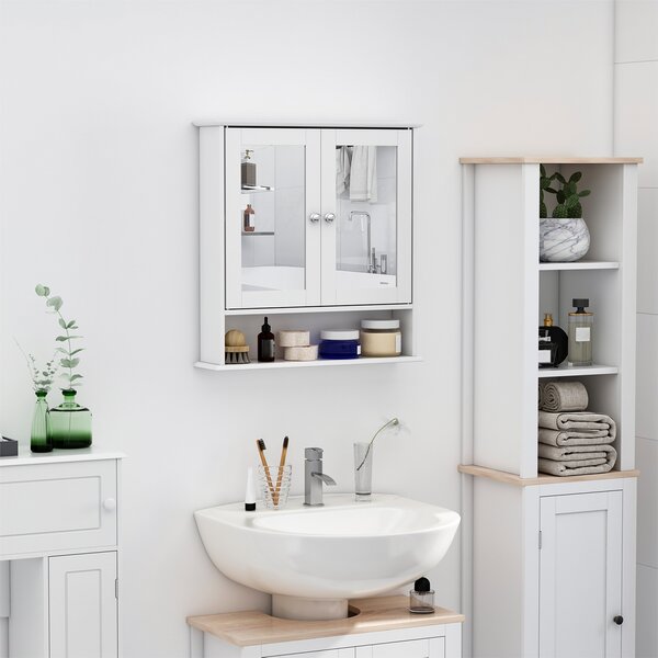 Kleankin Mobiletto Bagno con Specchio, armadietto a due ante e un ripiano inferiore, a muro in MDF 56 x 13 x 58cm Bianco |Aosom Italy