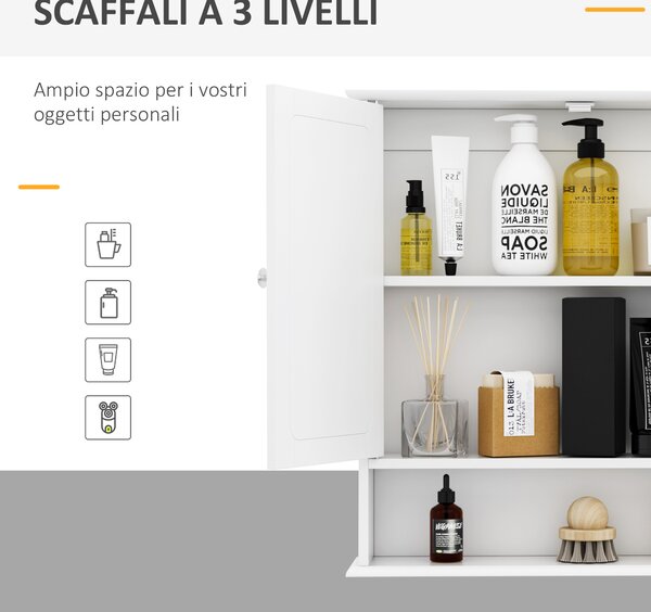 Kleankin Mobiletto Bagno con Specchio, armadietto a due ante e un ripiano inferiore, a muro in MDF 56 x 13 x 58cm Bianco |Aosom Italy
