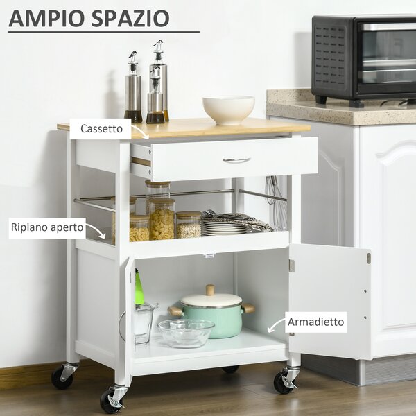 HOMCOM Carrello Cucina con Cassetto Armadietto e Scaffale, Carrellino Portavivande con Piano in Bambù e 4 Ruote, Bianco|Aosom