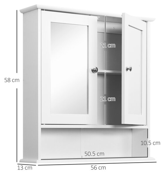 Kleankin Mobiletto Bagno con Specchio, armadietto a due ante e un ripiano inferiore, a muro in MDF 56 x 13 x 58cm Bianco |Aosom Italy