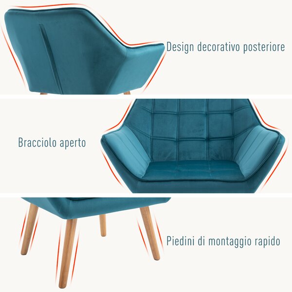 HOMCOM Poltroncina dal Design Scandinavo in Legno e Velluto Color Petrolio, per Soggiorno o Ufficio, 64x62x72.5cm|Aosom