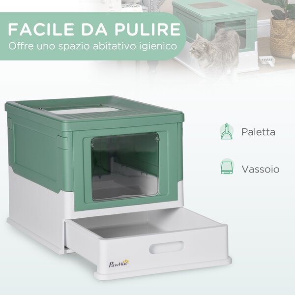 PawHut Lettiera per Gatti Chiusa con Paletta, Vassoio Estraibile e 2 Porte, 47.5x35.5x36.7cm, Verde|Aosom