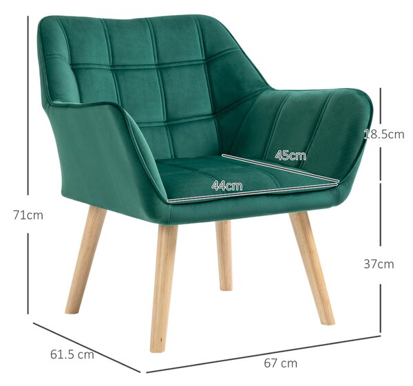 HOMCOM Poltroncina Stile Nordico in Legno ed Effetto Velluto Verde per Soggiorno o Ufficio, 64x62x72.5 cm|Aosom