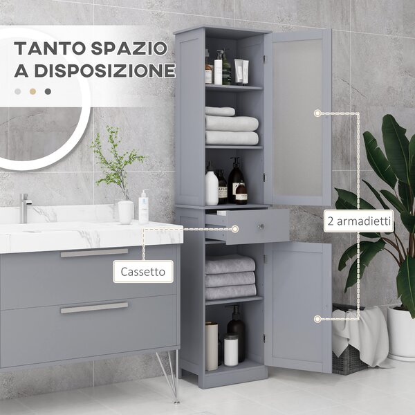 Kleankin Mobile Colonna Bagno Salvaspazio con Armadietto Cassetto e Ripiani in MDF 40x27x1715cm Grigio |Aosom
