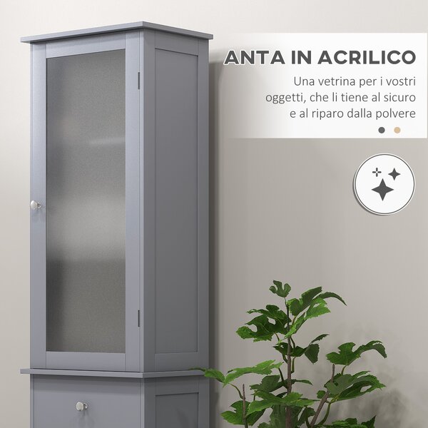 Kleankin Mobile Colonna Bagno Salvaspazio con Armadietto Cassetto e Ripiani in MDF 40x27x1715cm Grigio |Aosom