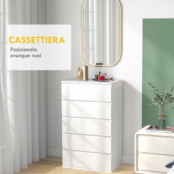 HOMCOM Cassettiera 5 Cassetti in Legno con Maniglie Scanalate, 60x38x100cm, Bianco