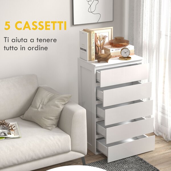 HOMCOM Cassettiera 5 Cassetti in Legno con Maniglie Scanalate, 60x38x100cm, Bianco