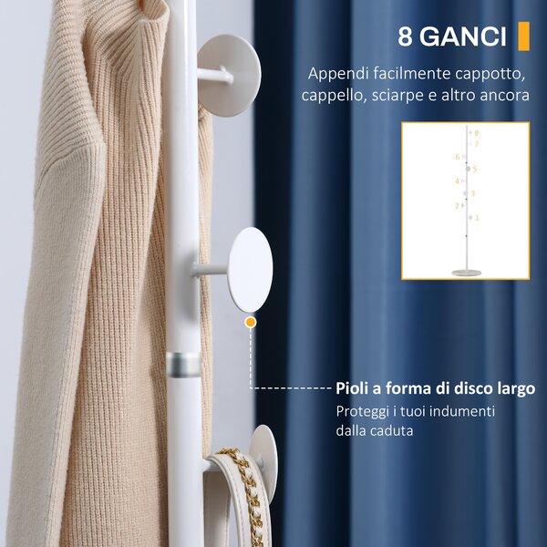 HOMCOM Albero Appendiabiti in Acciaio con 8 Ganci e Base Rotonda in Marmo, 35x35x170 cm, Bianco