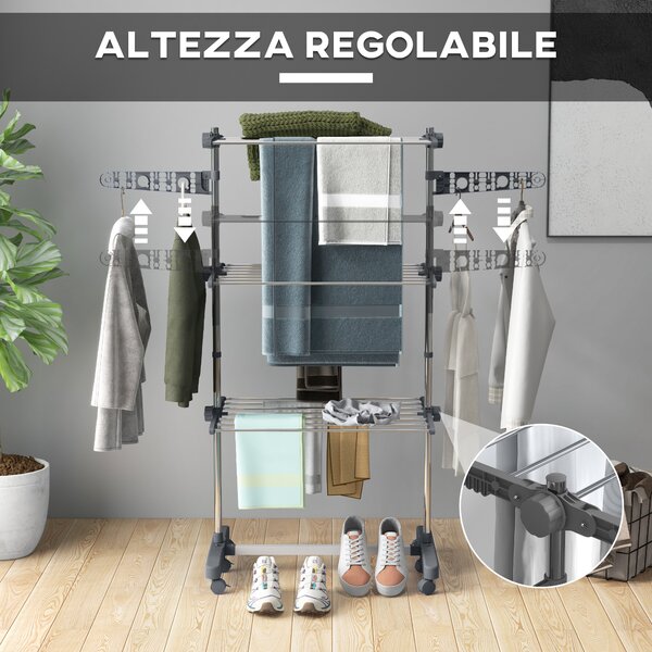 HOMCOM Stendino Verticale con 3 Ripiani Regolabili, in Acciaio e Plastica, 142x55x152 cm, Grigio e Argento