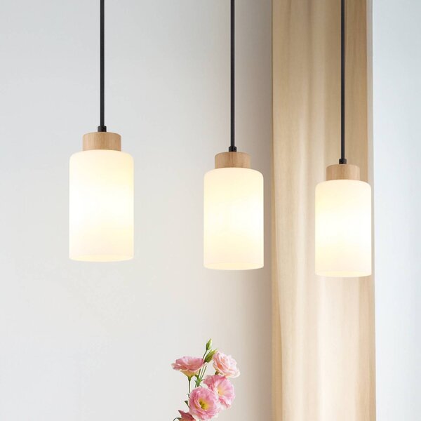 Globo Lampada a sospensione Rowena, dimmerabile, Legno chiaro, Soggiorno / Sala da pranzo, Vetro, Lampada a sospensione