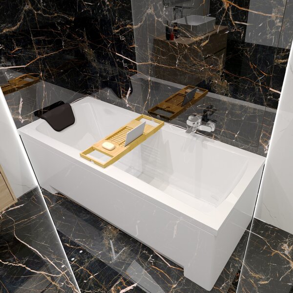 Set vasca rettangolare 5in1 140x70 con set di scarico premium e piedini GRATIS + rivestimento (grembiule in acrilico) + ripiano in legno di bambù | BADLAND OPTIMAZ
