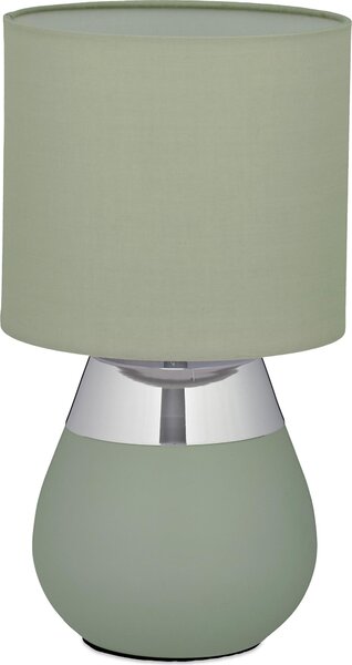 Lampada da tavolo Relaxdays, base in metallo, paralume in tessuto, E14, A x P: 32 x 18 cm, lampada da comodino con cavo, camera da letto, verde/argento