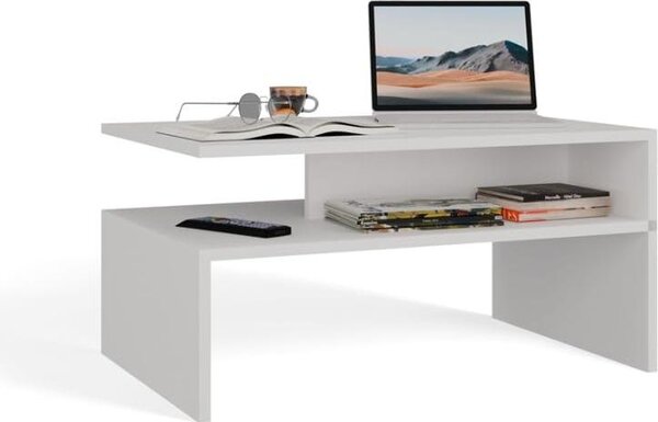 BDW, tavolino da caffè, tavolino da divano moderno con contenitore, Boston, 90×60×45 cm, bianco