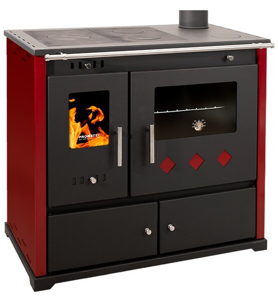 Cucina a legna Praktik Lux Eco con piano cottura e forno in ghisa - potenza nominale 9,5 kW - pannelli laterali rossi - classe di efficienza energetica A+