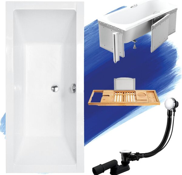 Set vasca rettangolare 5in1 165x75 con set di scarico premium e piedini GRATIS + rivestimento (polistirolo) + ripiano in legno di bambù | BADLAND QUADRO