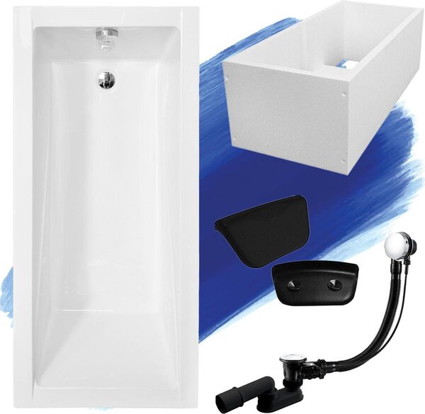Set vasca rettangolare 5in1 160x70 con set di scarico premium e piedini GRATIS + supporto vasca + poggiatesta in nero | BADLAND MODERN
