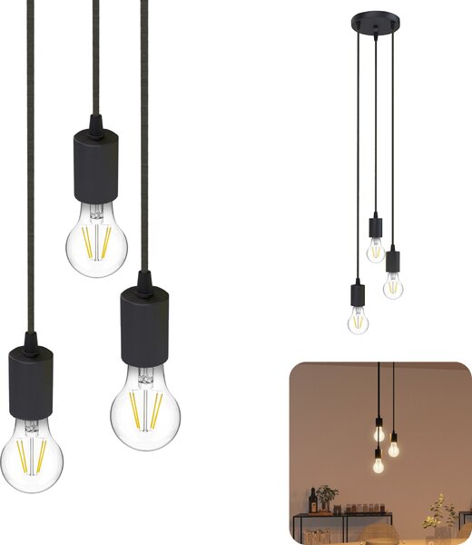 SSC-LUXon PARU lampada a sospensione a 3 fiamme nera rotonda incl. lampade LED E27 bianco caldo - lampada a sospensione semplice cavo tessile altezza regolabile