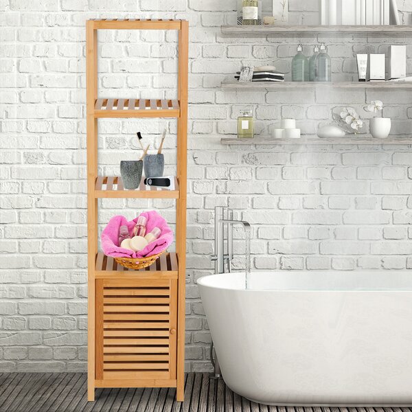 HOMCOM Mobile Alto Bagno/Terrazzo, Scaffale a Torre in Bambù 4 Ripiani + Armadietto con Anta, 36x33x140cm, Color Legno|Aosom