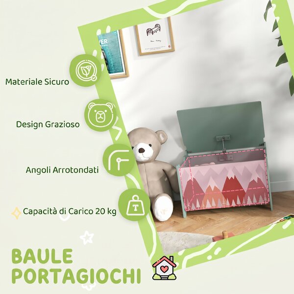 ZONEKIZ Baule Portagiochi per Bambini con Coperchio e Cerniera di Sicurezza in MDF, 60x37x39cm, Verde|Aosom