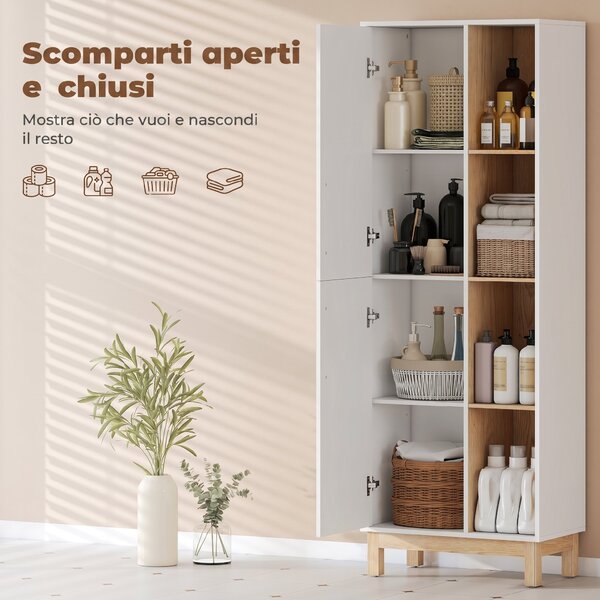 HOMCOM Mobile Bagno Alto, Mobiletto Bagno Salvaspazio con 2 Ante e 4 Ripiani Aperti, Ripiani Regolabili, per Lavanderia, 62.5x35x176 cm, Bianco | Aosom Italy