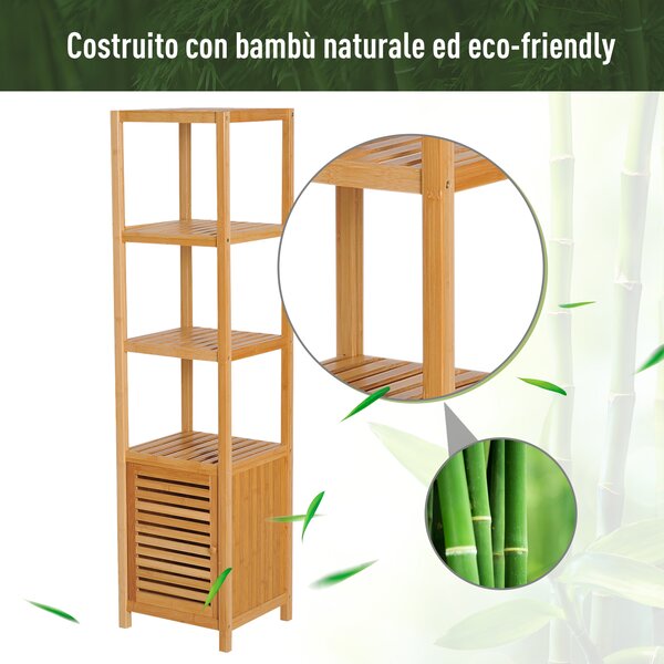HOMCOM Mobile Alto Bagno/Terrazzo, Scaffale a Torre in Bambù 4 Ripiani + Armadietto con Anta, 36x33x140cm, Color Legno|Aosom