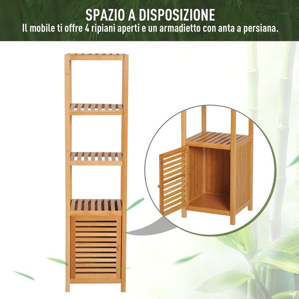 HOMCOM Mobile Alto Bagno/Terrazzo, Scaffale a Torre in Bambù 4 Ripiani + Armadietto con Anta, 36x33x140cm, Color Legno|Aosom