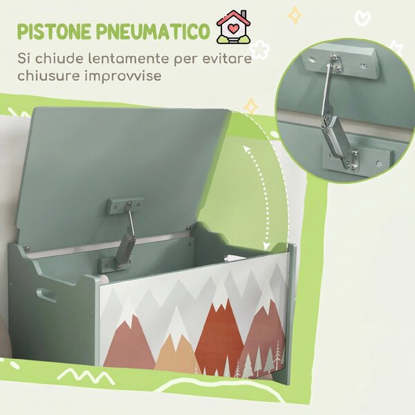 ZONEKIZ Baule Portagiochi per Bambini con Coperchio e Cerniera di Sicurezza in MDF, 60x37x39cm, Verde|Aosom