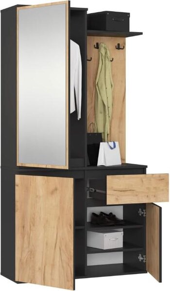 BDW, Set di armadi da corridoio ENTRO con armadio a specchio, 95x183x35cm, nero/rovere artigianale