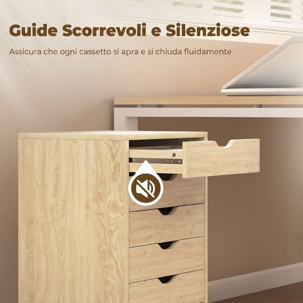 HOMCOM Cassettiera da Ufficio a 6 Cassetti con 4 Ruote e Blocco, 40x35x63 cm, Rovere | Aosom Italy