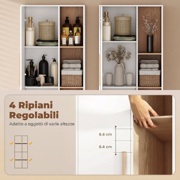 HOMCOM Mobile Bagno Alto, Mobiletto Bagno Salvaspazio con 2 Ante e 4 Ripiani Aperti, Ripiani Regolabili, per Lavanderia, 62.5x35x176 cm, Bianco | Aosom Italy