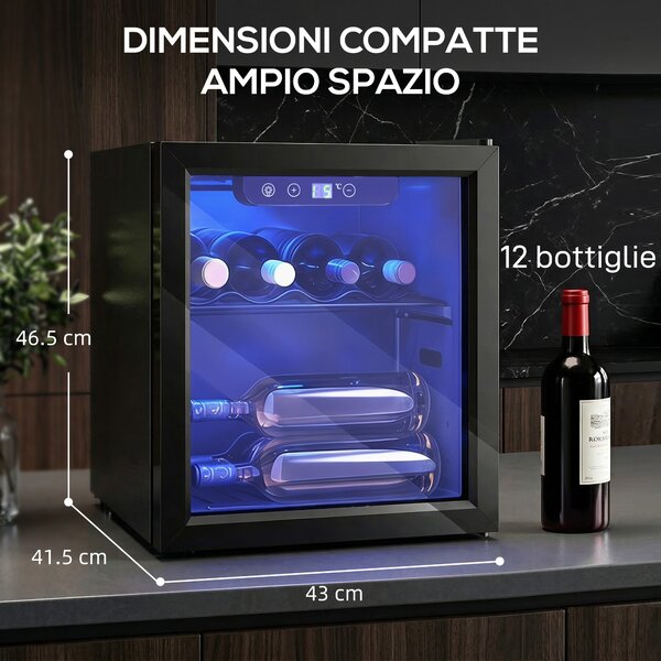 HOMCOM Cantinetta Vino Refrigerata 12 Bottiglie 36L, Temperatura Regolabile 4-16°C con Vetro Anti UV, Nera | Aosom Italy