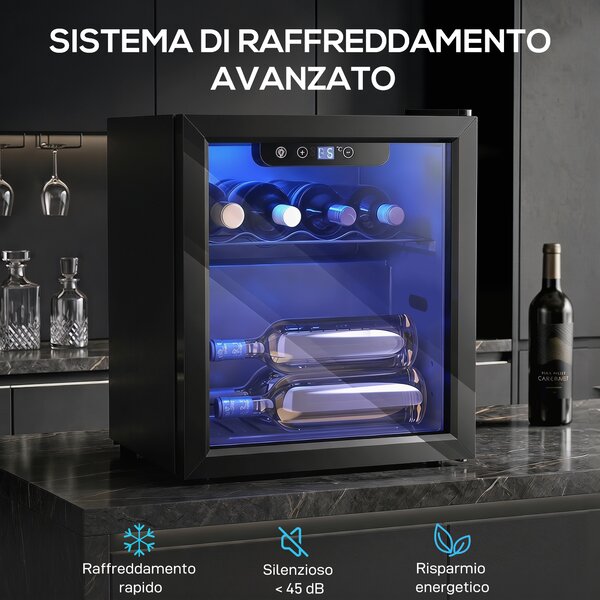 HOMCOM Cantinetta Vino Refrigerata 12 Bottiglie 36L, Temperatura Regolabile 4-16°C con Vetro Anti UV, Nera | Aosom Italy