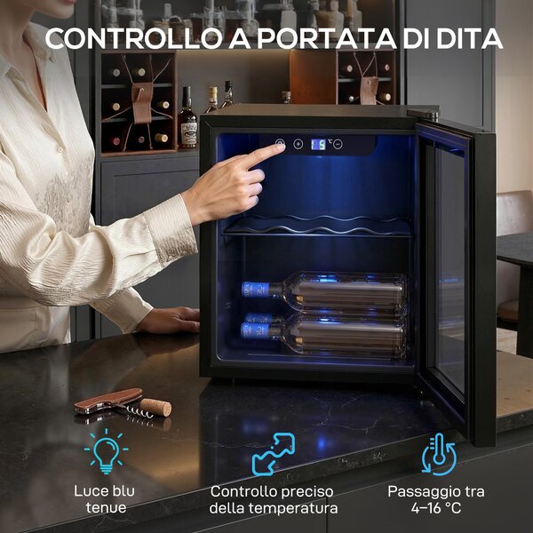 HOMCOM Cantinetta Vino Refrigerata 12 Bottiglie 36L, Temperatura Regolabile 4-16°C con Vetro Anti UV, Nera | Aosom Italy