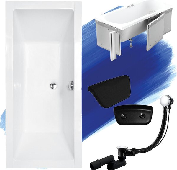Set vasca rettangolare 5in1 165x75 con set di scarico premium e piedini GRATIS + rivestimento (polistirolo) + poggiatesta nero | BADLAND QUADRO