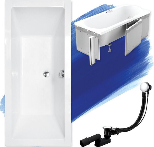 Vasca da bagno rettangolare 165x75 con rivestimento in polistirolo, set di scarico e piedini GRATUITI | set completo 4in1 vasca da bagno originale in acrilico sifone | BADLAND QUADRO