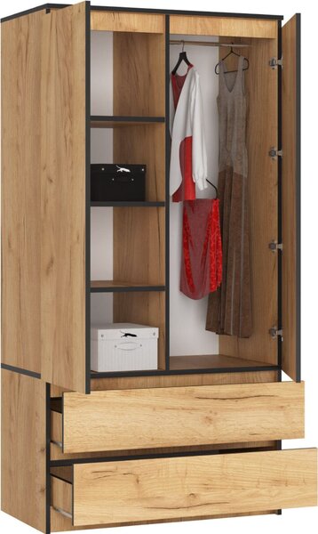 BDW, Armadio 2 ante, 2 cassetti, 180x90x51 cm, Rovere artigianale