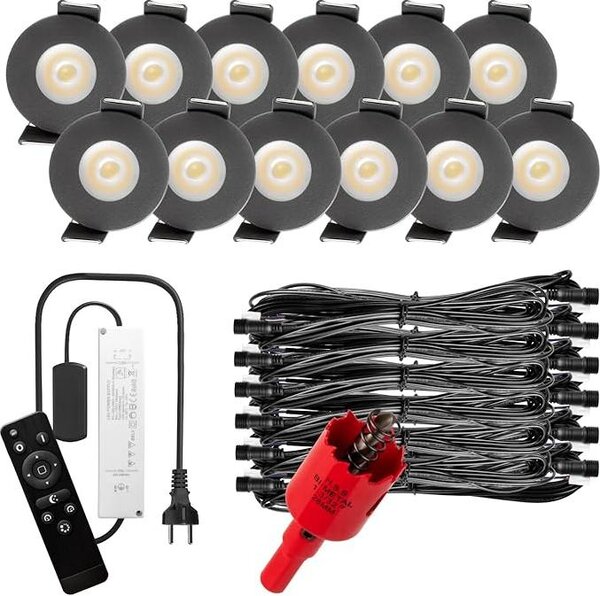 S-Polylight PREMIUM Mini faretti da incasso a LED bianco freddo 6.000K, DIMMABILE, IP65, FUNK 3W Faretti da incasso a LED per coperture di patio, illuminazione di patio, bagno, sauna, faretti a LED con telecomando (ANTHRAZITE, 12x LED SET)